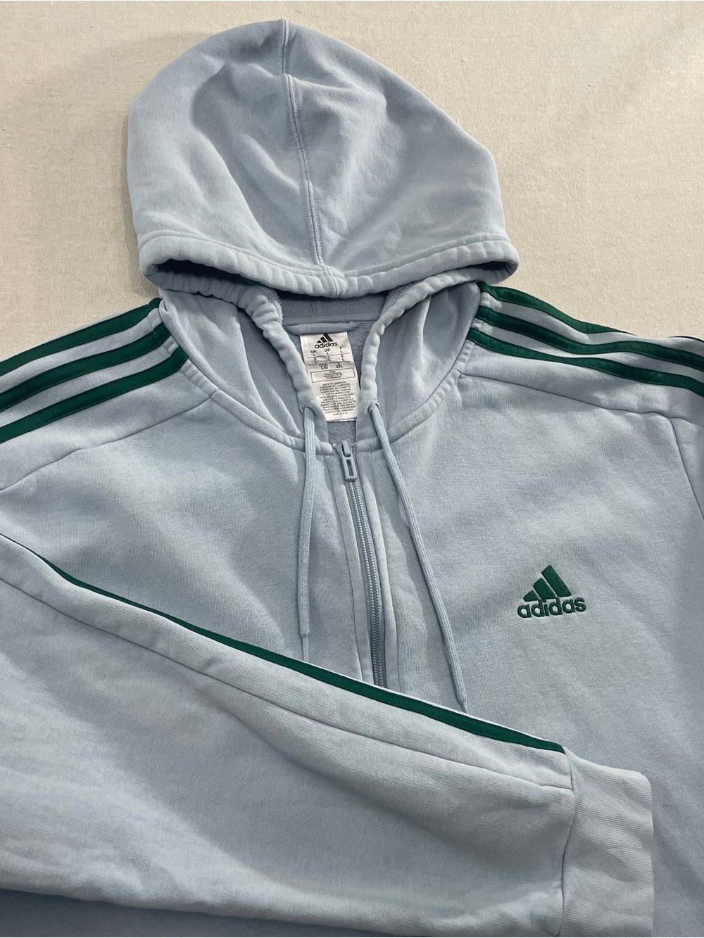 Adidas Hoodie Mens L Baby Blue Essentials 3 Stripes Full Zip Fleece Sweatshirt - Picture 3 of 10